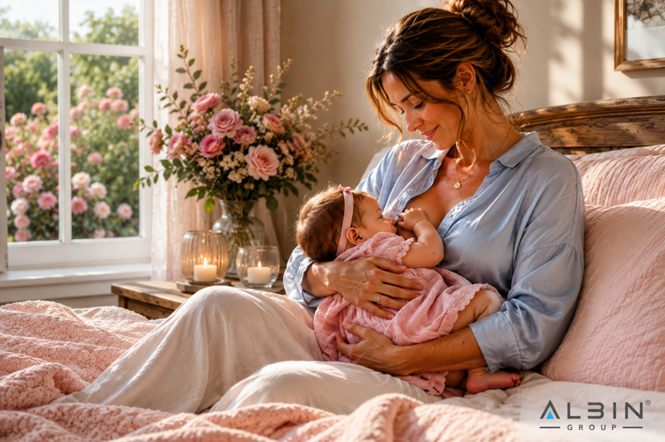Mutter stillt ihr Baby in einem hellen, sonnendurchfluteten Schlafzimmer