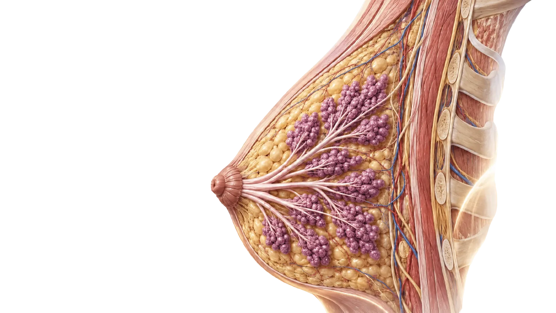 Anatomischer Querschnitt der Brust mit Haut, Fettgewebe, Drüsengewebe und Brustmuskel
