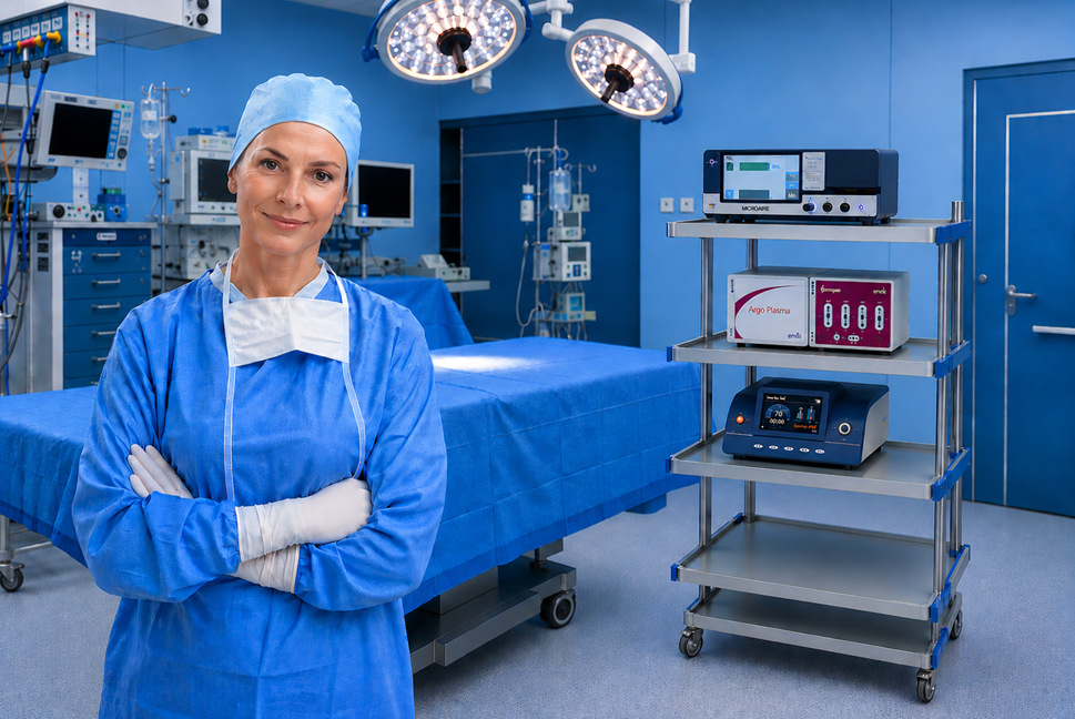 Ärztin im Operationssaal vor medizinischen Geräten als Sinnbild für evidenzbasierte Brustchirurgie