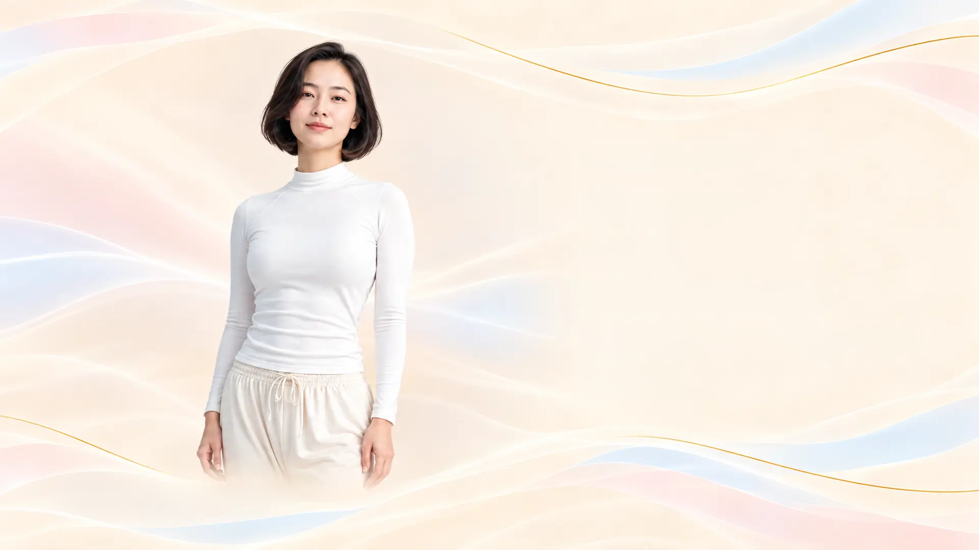 Frau in weissem Kompressions-Longsleeve vor sanften Pastellwellen