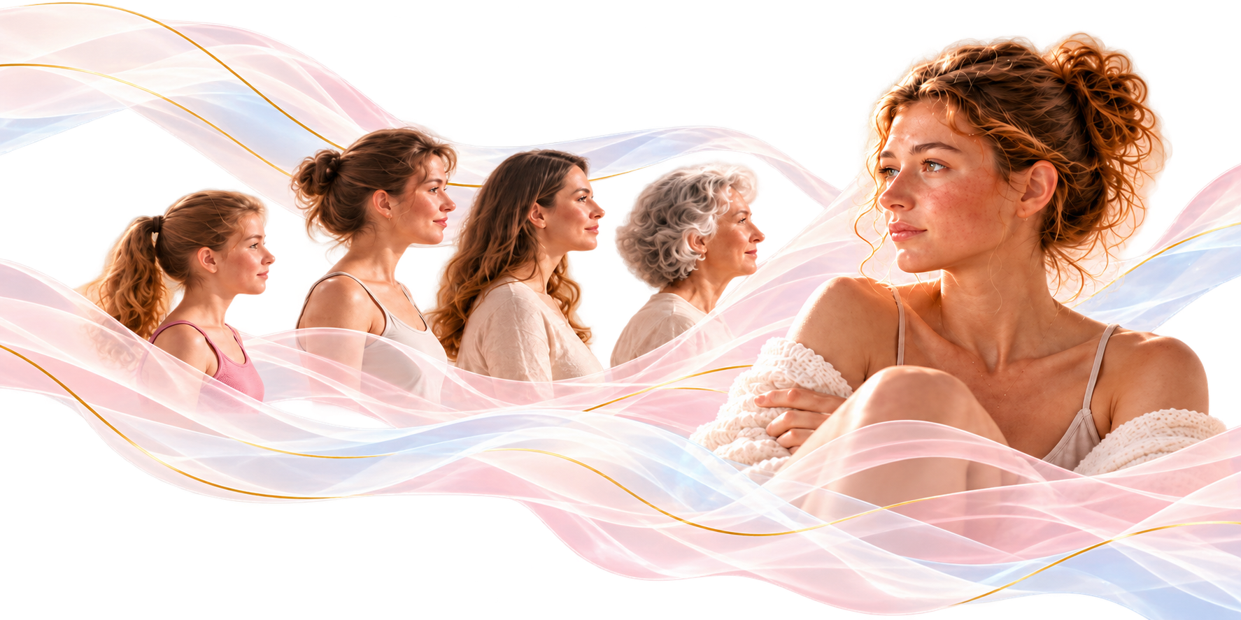 Fünf Frauen verschiedener Lebensphasen zwischen rosa und blauen Seidenwellen