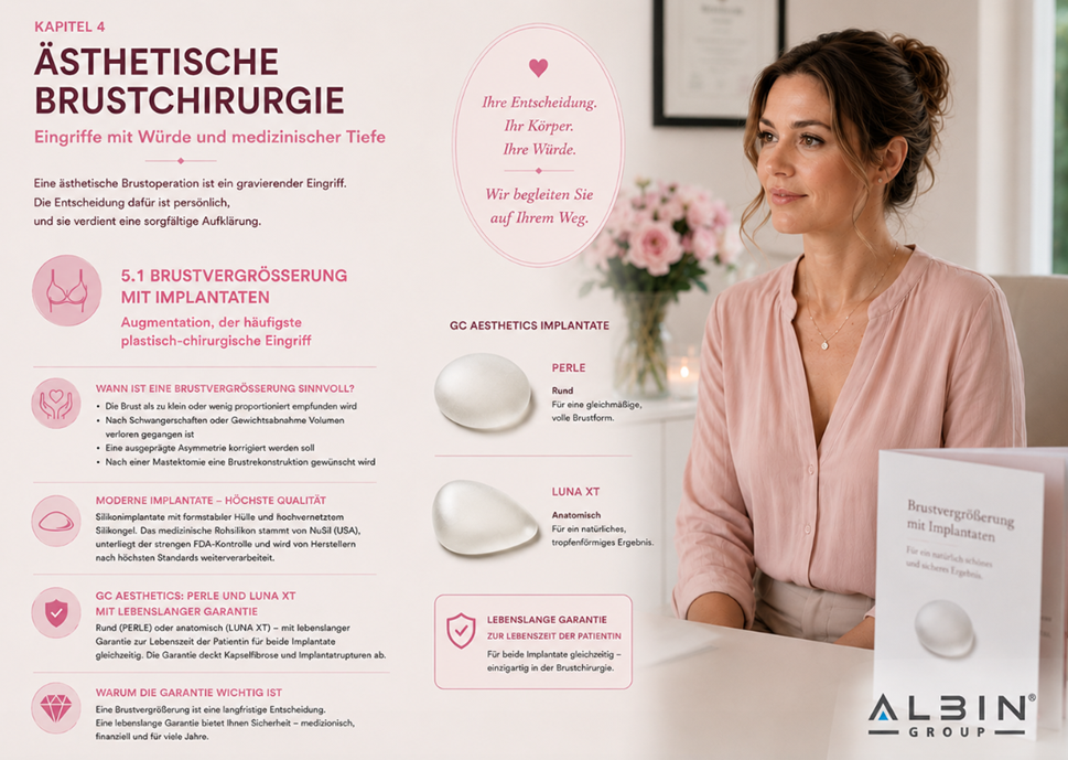 Tafel: Ästhetische Brustchirurgie — Brustvergrösserung mit Implantaten, PERLE und LUNA XT von GC Aesthetics