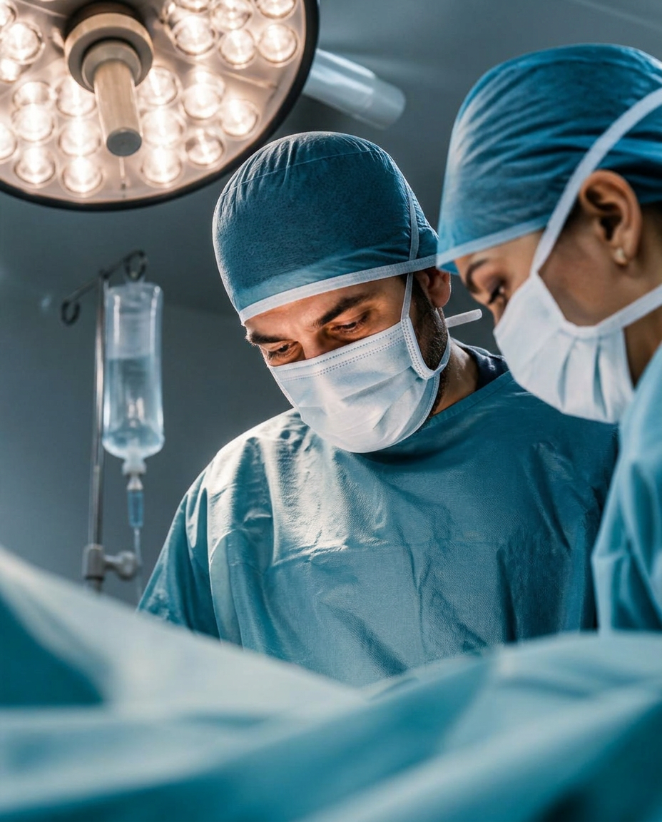 Operationsteam konzentriert bei der Arbeit unter OP-Leuchte