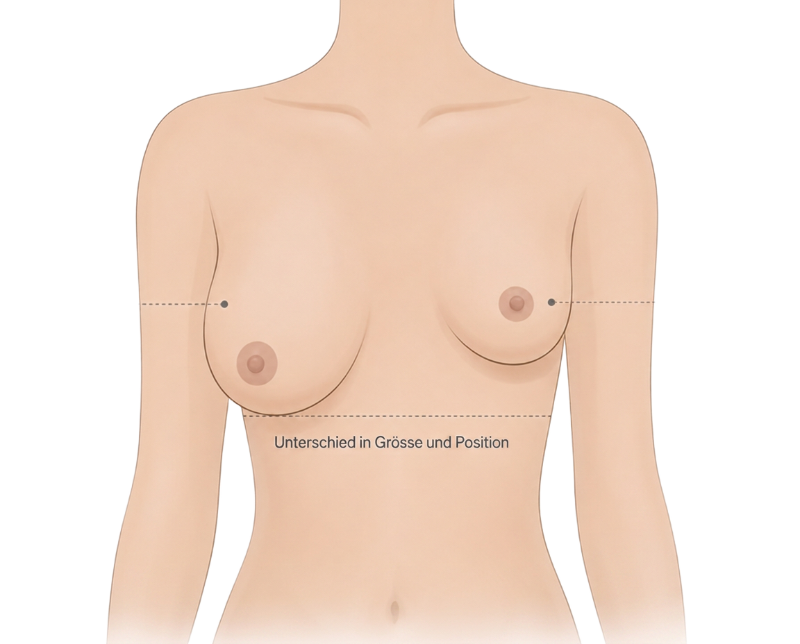 Schematische Darstellung einer Brustasymmetrie: grössere und kleinere Brust mit Unterschied in Grösse und Position
