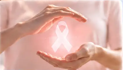 Hände halten rosa Schleife