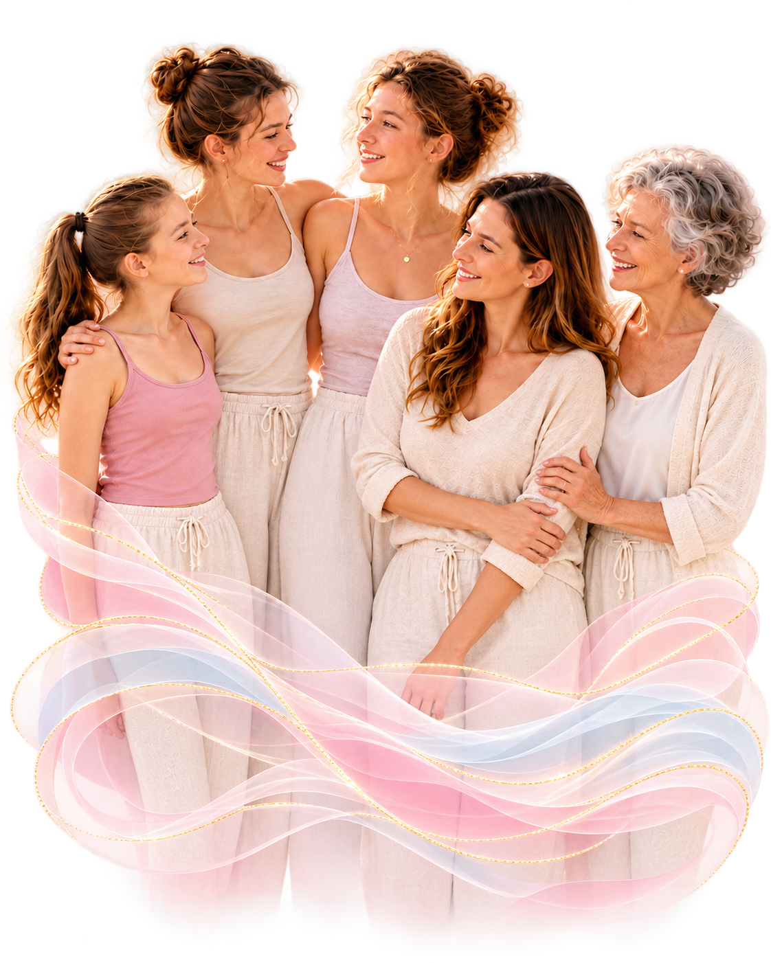 Fünf Frauen verschiedener Lebensphasen zwischen rosa und blauen Seidenwellen