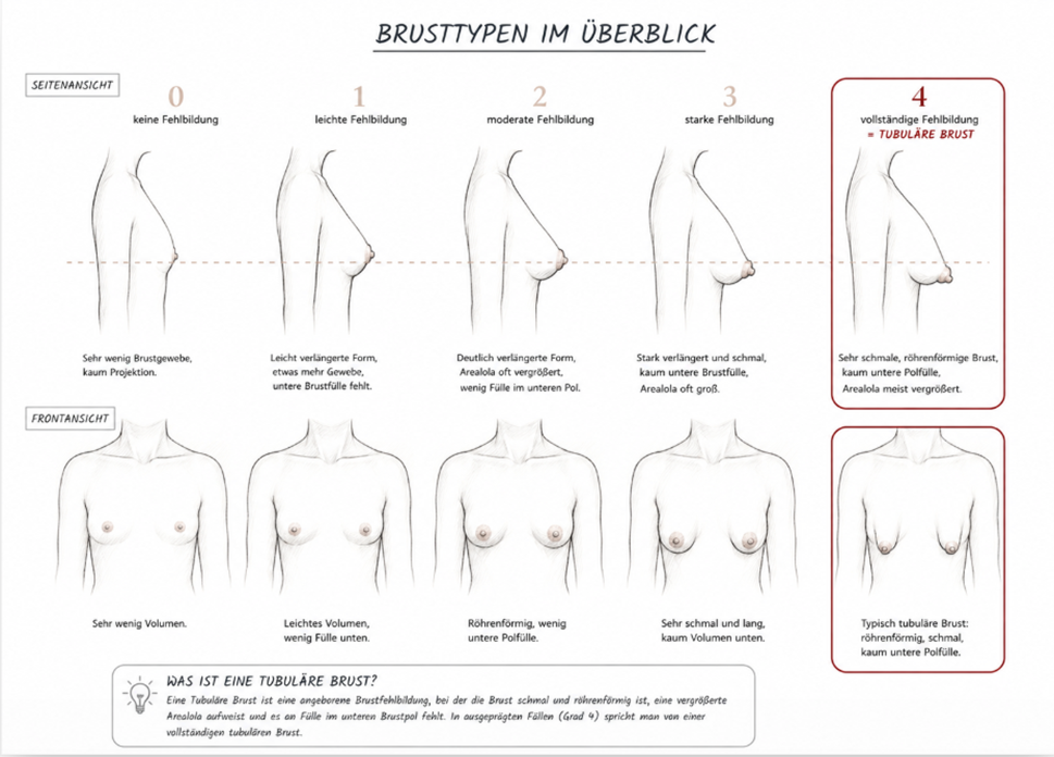 Tafel: Brusttypen im Überblick — Grade 0 bis 4 der Brustfehlbildung bis hin zur tubulären Brust