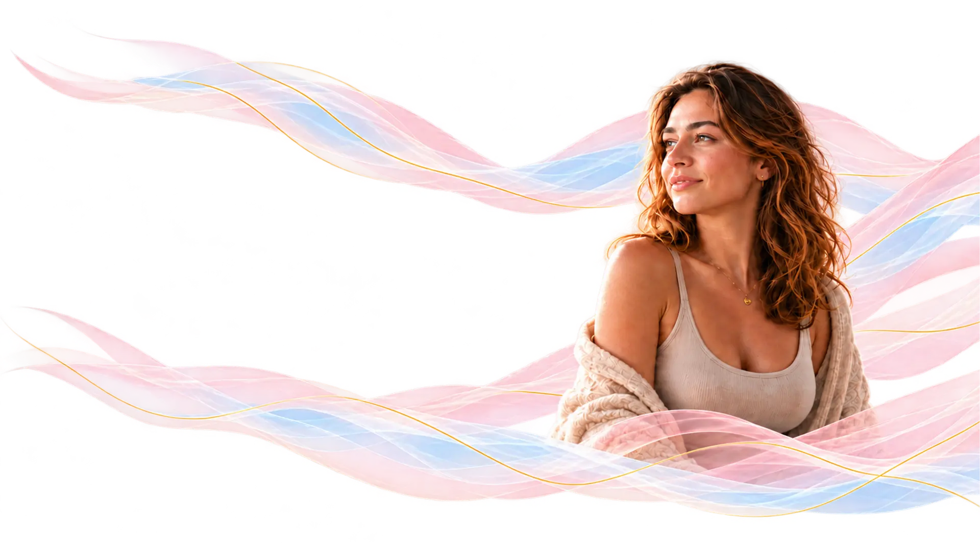 Fünf Frauen verschiedener Lebensphasen zwischen rosa und blauen Seidenwellen