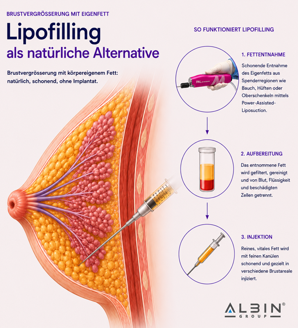 Tafel: Lipofilling als natürliche Alternative — Fettentnahme, Aufbereitung und Injektion in drei Schritten
