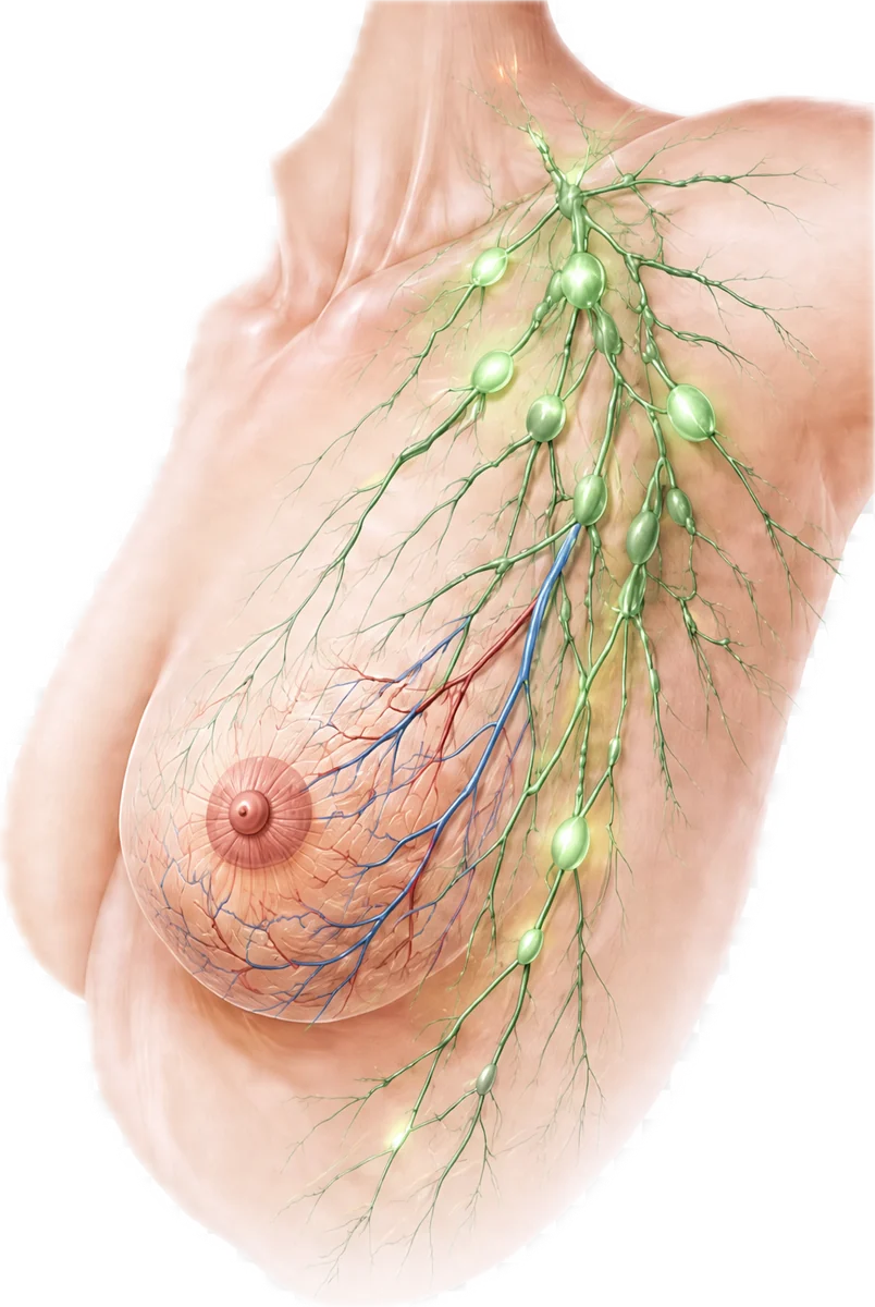 Illustration der weiblichen Brust mit Lymphgefässen und Achsellymphknoten