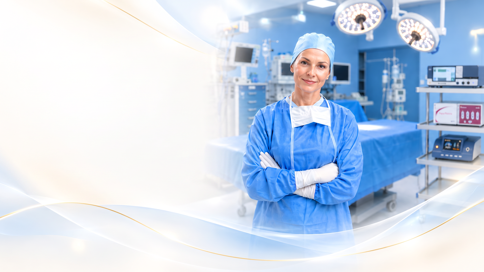 Ärztin im Operationssaal vor medizinischen Geräten als Sinnbild für evidenzbasierte Brustchirurgie