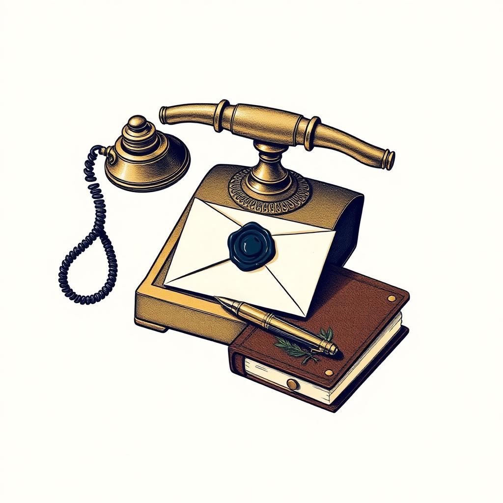 Vintage Illustration: Bronzetelefon, Brief mit Siegel, Füllfeder auf Lederbuch — Symbole vertraulicher Korrespondenz