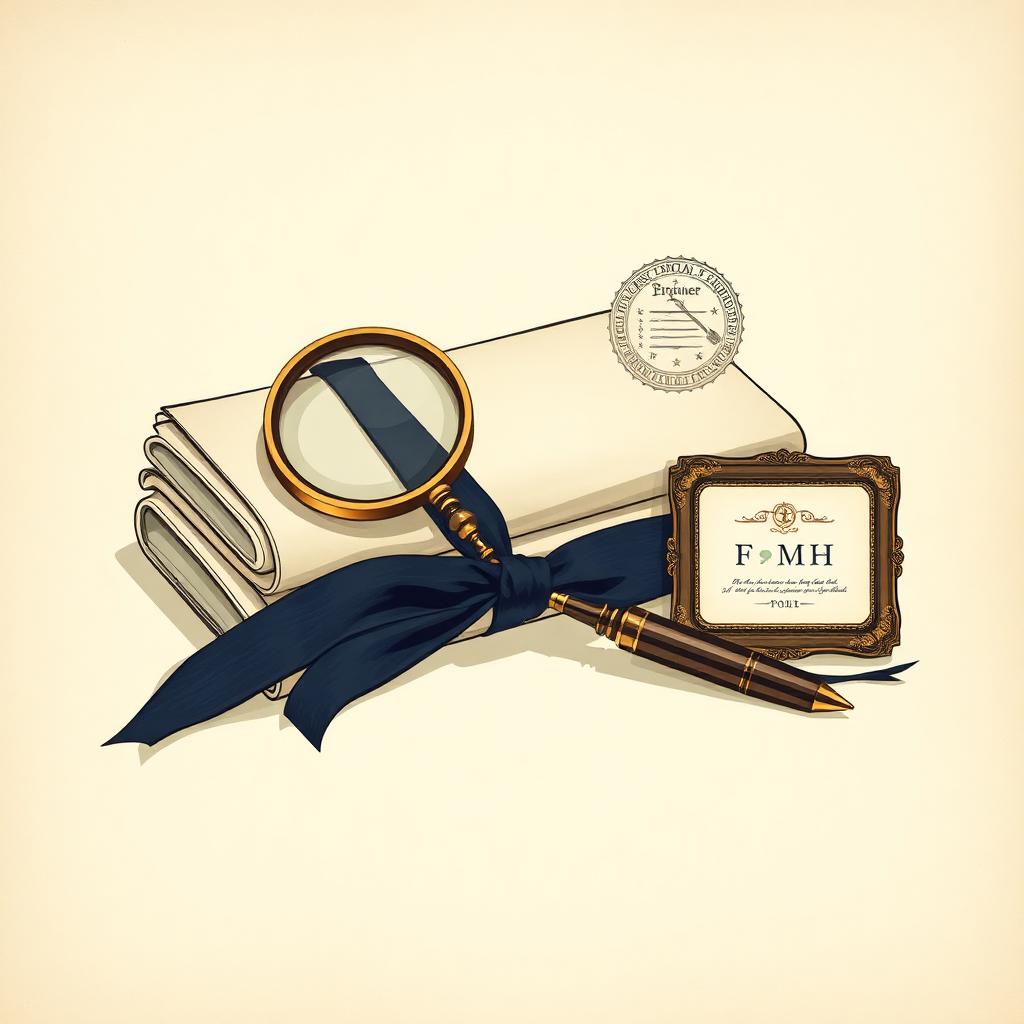 Vintage Illustration: Lupe, FMH-Diplome mit Band, Füllfeder und Siegel — Symbole sorgfältiger Facharztwahl