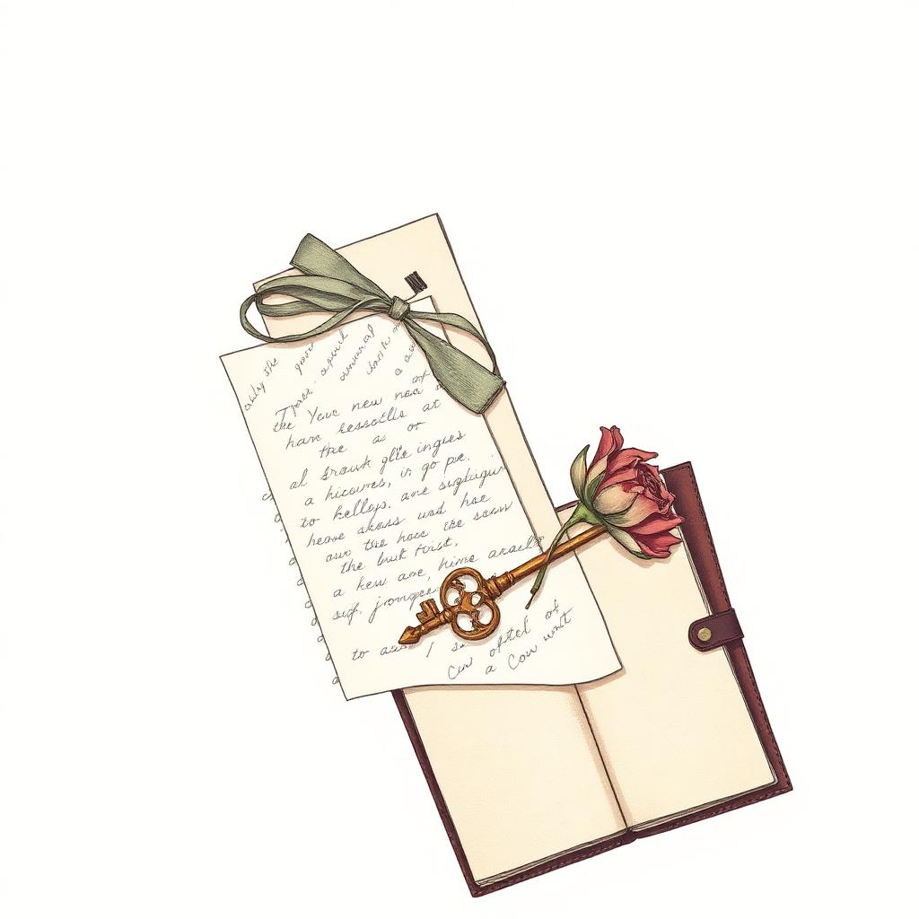 Vintage Illustration: handgeschriebene Briefe, gepresste Rose und Bronzeschlüssel — Symbole intimer Erfahrungsberichte