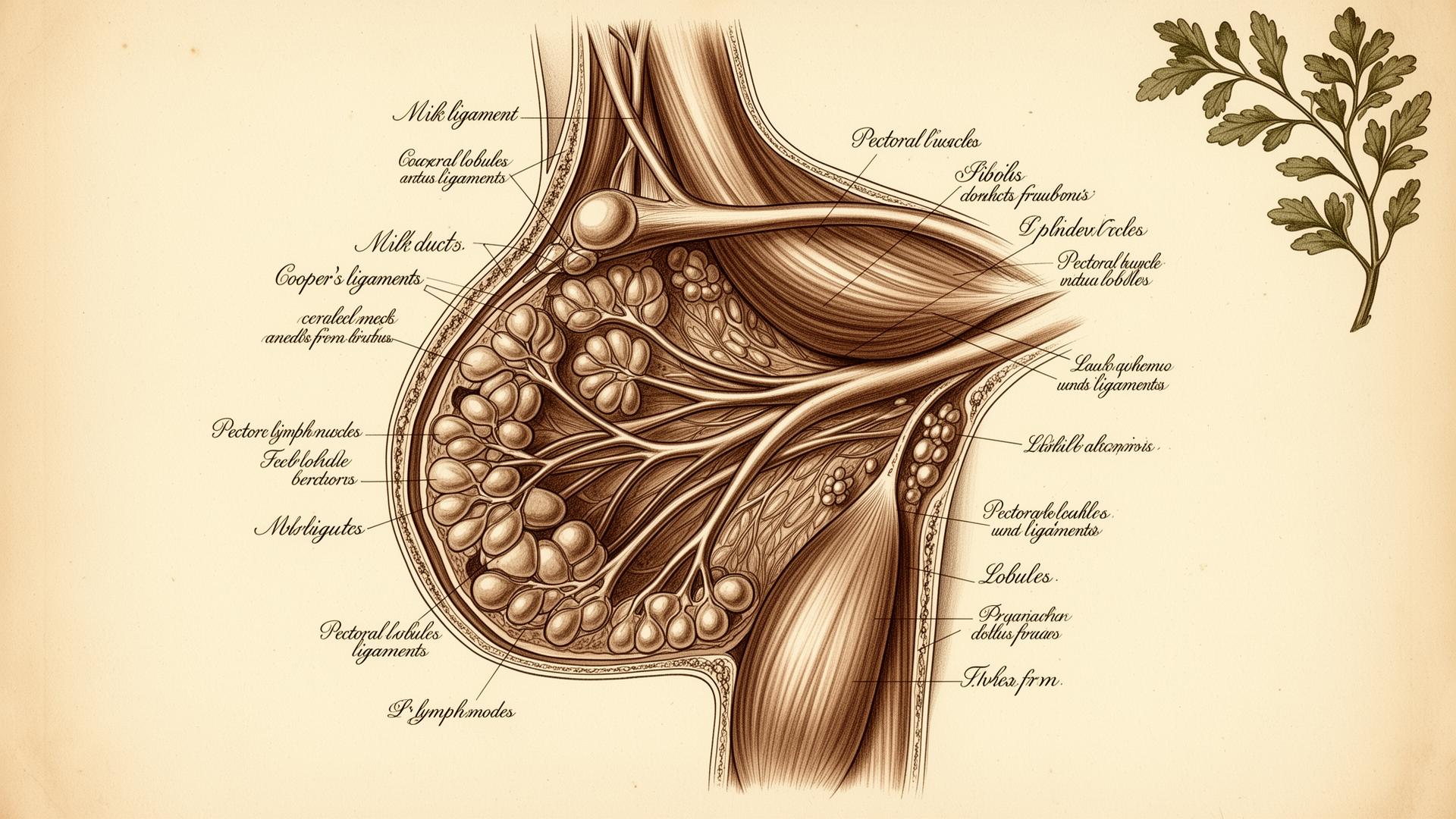 Vintage anatomische Tafel der weiblichen Brust mit Milchgängen, Cooper-Bändern, Pektoralismuskel und Lymphknoten in Sepia auf Pergament