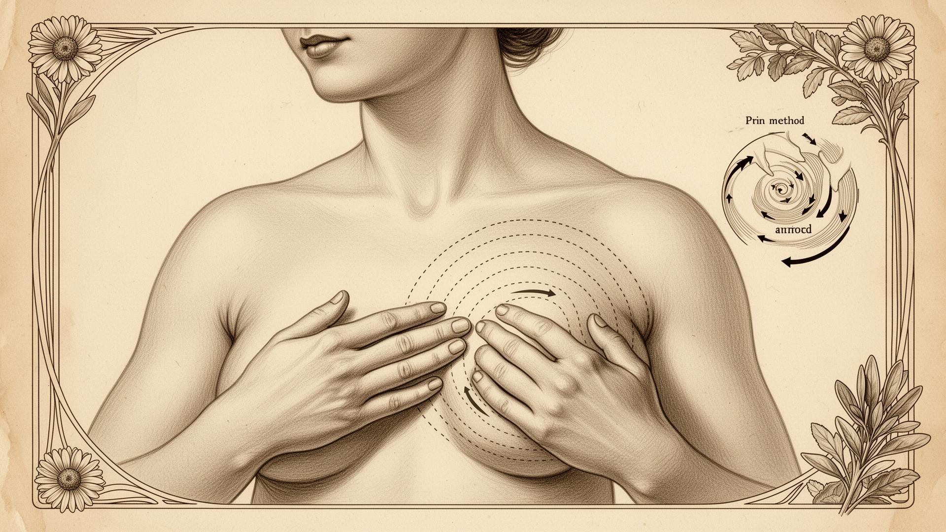 Vintage anatomische Anleitung zur Brustselbstuntersuchung mit eleganten Händen, Spiraltechnik und Quadrantendiagramm in Sepia